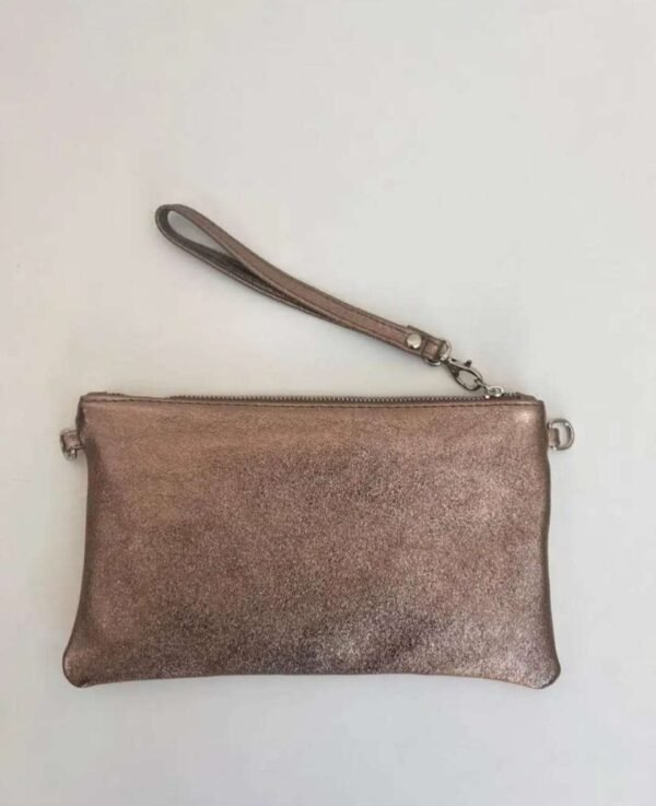 Clutch met rits, polsbandje en schouderband brons